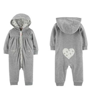 CARTER'S Baby Girls Gray Heart Fleece Hooded Jumpsuit Size 18 Months